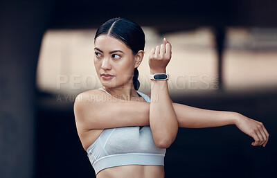 A woman stretching, fitness training and motivation for outdoor of gym sports exercise by running in workout clothes. Strong, healthy and athletic women stretch muscles with full body wellness warmup
