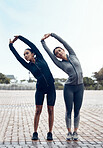 Exercise, athlete and women stretching outdoor, training or doing workout for fitness, wellness or health in sportswear. Female friends, girl trainer or doing practice for health, cardio or strength.