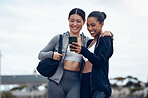 Smartphone, fitness and women friends with exercise progress app, social media results update or personal trainer selfie marketing with sky mock up. Excited sports people using phone for 5g network