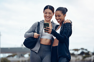Smartphone, fitness and women friends with exercise progress app, social media results update or personal trainer selfie marketing with sky mock up. Excited sports people using phone for 5g network