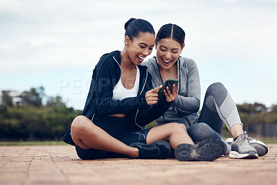 Buy stock photo Phone, happy and fitness friends on social media laughing at funny gossip, fake news and trending viral online content. Women, sports and healthy girls resting for training workout exercise outdoors