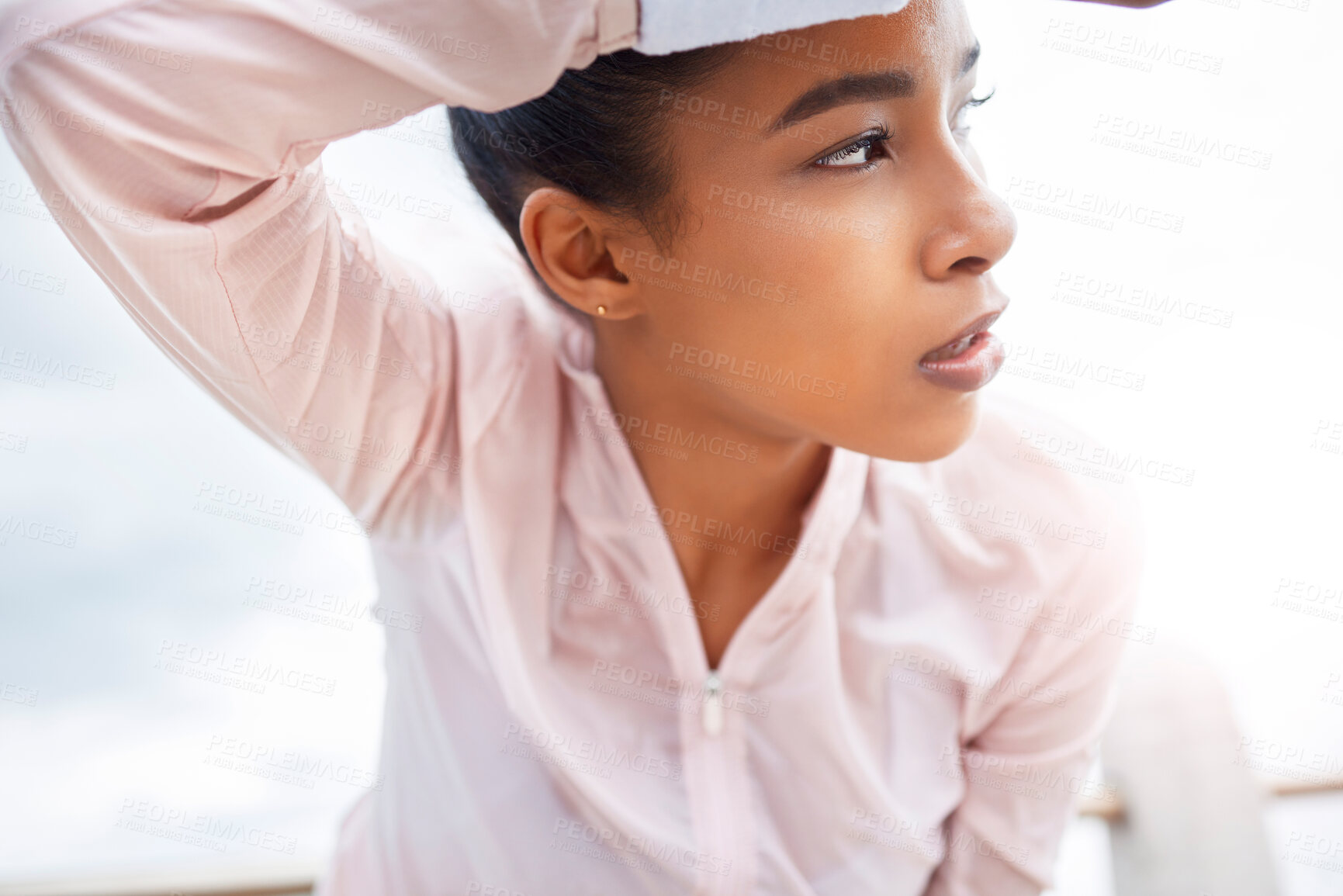 Buy stock photo Fitness, rest and woman stop for breath or relax on outdoor run or workout. Health, training and wellness, a tired sports runner girl on break from running exercise on path with sweaty fatigue