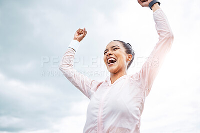 Buy stock photo Success, motivation and fitness with woman against blue sky for training, sports and workout goals vision. Exercise, health and winner with girl athlete and celebration for freedom, hope and energy