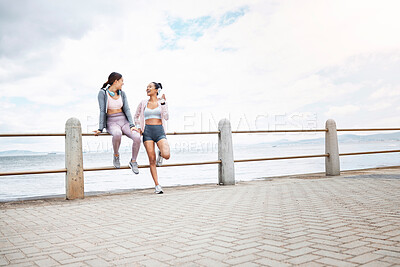 Buy stock photo Exercise, women and friends outdoor after training, workout and fitness for health, happy and relax together. Female trainers, girls and athlete being healthy, doing cardio and sportswear or resting