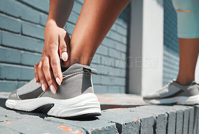 Buy stock photo Woman, hand and shoes in fitness stretching for sports exercise, training or warm up for urban workout. Female hands on shoe for stretch, run or motivation for comfortable footwear for healthy cardio