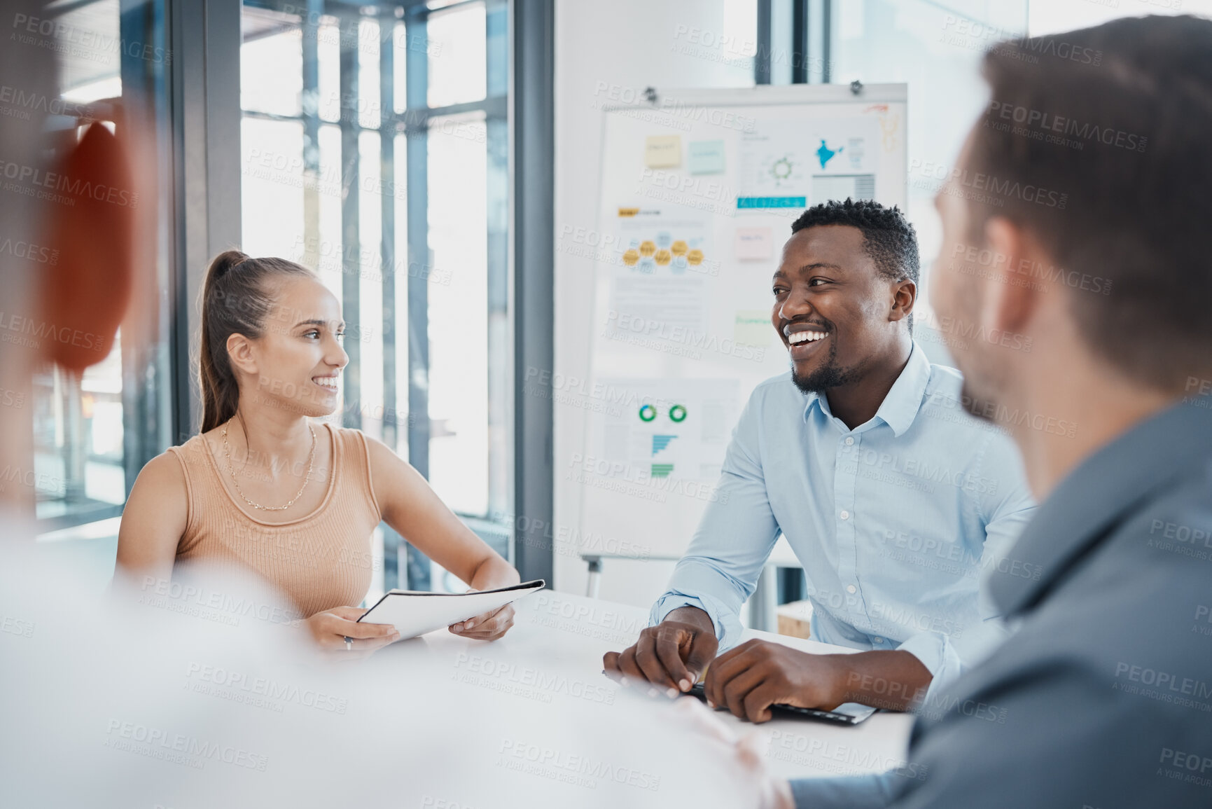 Buy stock photo Financial, meeting and business people in office, teamwork, collaboration and accounting documents. Finance, chart and team discussing growth, development and savings strategy for innovation proposal