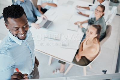 Buy stock photo Businessman, coaching and team in boardroom meeting on whiteboard for training staff at the office. Black man leader, mentor or executive teaching employee workers in sales marketing at the workplace