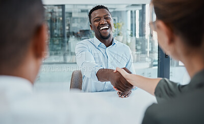 Buy stock photo Handshake, interview and business people for diversity partnership, contract deal or b2b welcome meeting, Collaboration, agreement and recruitment black man shaking hands for career or job onboarding