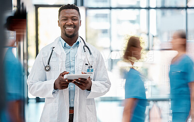 Buy stock photo Black man, doctor and healthcare, hospital and tablet for communication with technology and digital medical information. Health insurance, professional and smile in portrait, stethoscope at clinic. 