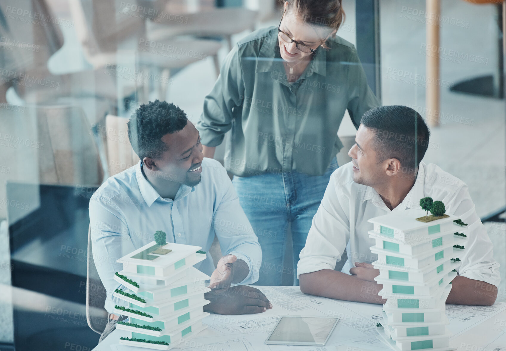 Buy stock photo Architecture, 3d building and engineer people meeting for business industrial planning, model analysis or b2b project collaboration. Teamwork, ideas and construction infrastructure office discussion