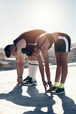 Buy stock photo Stretching, fitness couple or outdoor personal trainer runner friends on lens flare, summer blue sky mock up for workout motivation. Sports coaching, flexibility and exercise warmup training people