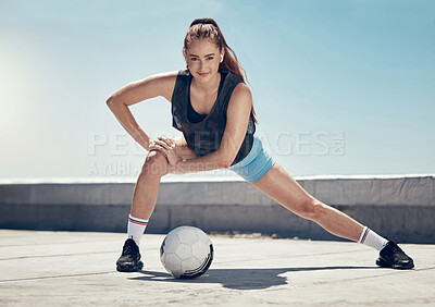 Buy stock photo Woman, soccer and fitness stretching workout in city for football training or healthy athlete. Portrait of athletic girl, sports exercise wellness motivation and strong cardio stretch before game