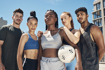 Buy stock photo Volleyball, sports and portrait of a team of friends standing on an outdoor court with a ball for game. Diversity, fitness and people ready for sport match together for exercise, workout or training.