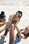 Sports, high five or hands of teamwork friends with collaboration, diversity or support for fitness, training or workout. Team building or motivation for success, sport wellness goal or health event