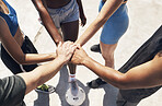 Hands, soccer teamwork and fitness support for athlete motivation, sports collaboration and goals above. Diversity, trust and football friends connect, winner celebration and competition commitment