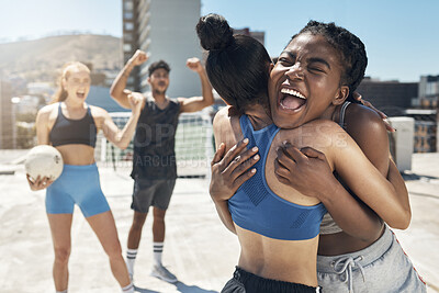 Buy stock photo Football winner, sports and team celebrate game, competition goals or tournament victory with crazy high energy, cheer and hug. Street soccer athlete, diversity fitness people and success celebration