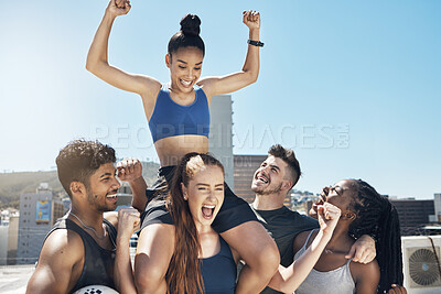 Buy stock photo Sports, team and success celebration for winner group with happy smile and piggy back ride cheer. Achievement, competition and victory of athlete people on city rooftop celebrating.

