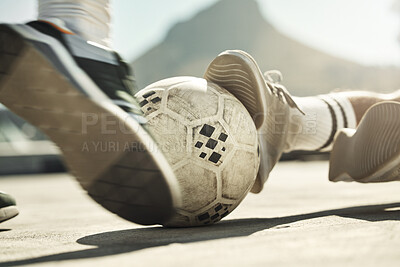 Buy stock photo Soccer ball, feet or tackle motion in fitness game, workout match or exercise competition challenge on Portugal city building rooftop. Zoom, sports men or football player shoes fighting to score goal