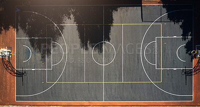 Buy stock photo Basketball court, sports background and outdoor community playground for competition, training ground and ball game. Aerial view, outline, net and top floor space of urban performance stadium