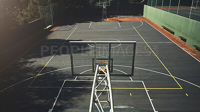 Buy stock photo Background of basketball court, sports ground and outdoor community playground for competition, training and ball game. Aerial basketball hoop, net and floor space of urban stadium performance action
