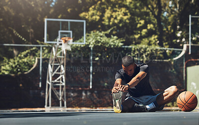 Buy stock photo Sports fitness, basketball or man stretching before game, training competition or cardio exercise on basketball court. Health commitment, wellness or athlete warm up for start of sport game workout