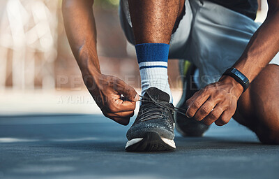 Buy stock photo Fitness, hands or black man tie shoes lace before start of running exercise, fitness training or sports workout. Health, wellness and legs of marathon runner, athlete or person prepare for cardio run