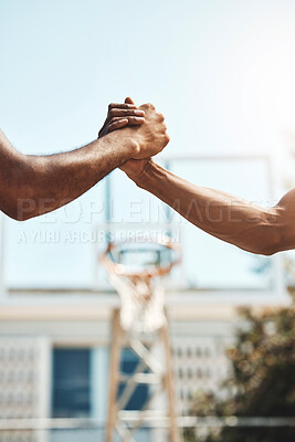 Buy stock photo Basketball men handshake before game at sport court for good luck, agreement and support. Sports, fitness and athletes shaking hands to show unity, thank you and agreement for success during match