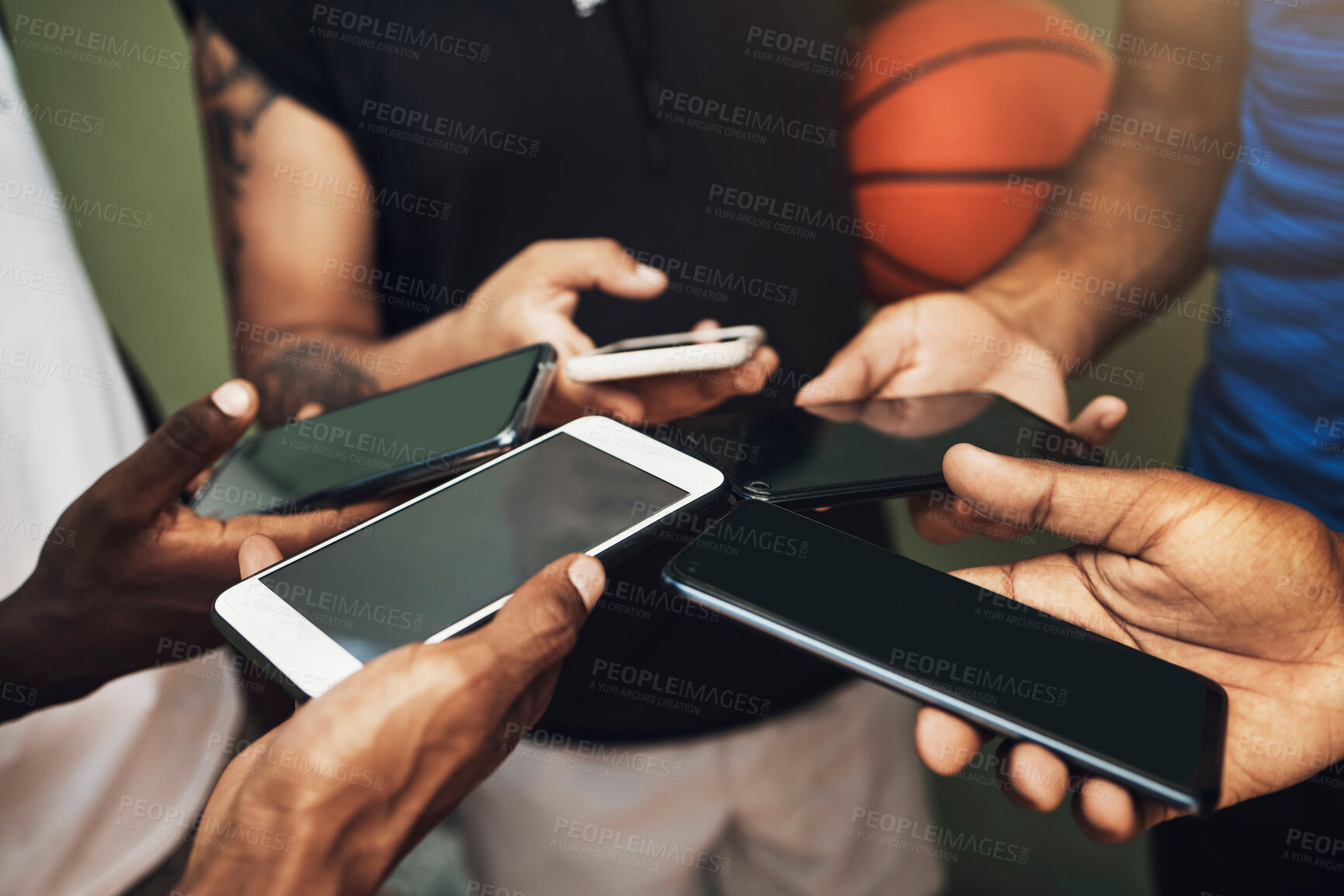 Buy stock photo Teamwork, networking and hands of friends with phone and share for communication, internet and social media app. Technology, digital and contact with basketball player and mobile for 5g and website