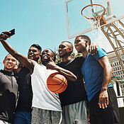 Basketball selfie, black people team for game, competition or outdoor ...