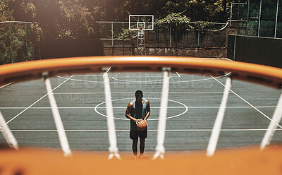 Buy stock photo Above, net and basketball man with aim in training, practice or exercise for healthy sports on court. Black man, basketball player and basketball court for shooting in workout, fitness and health