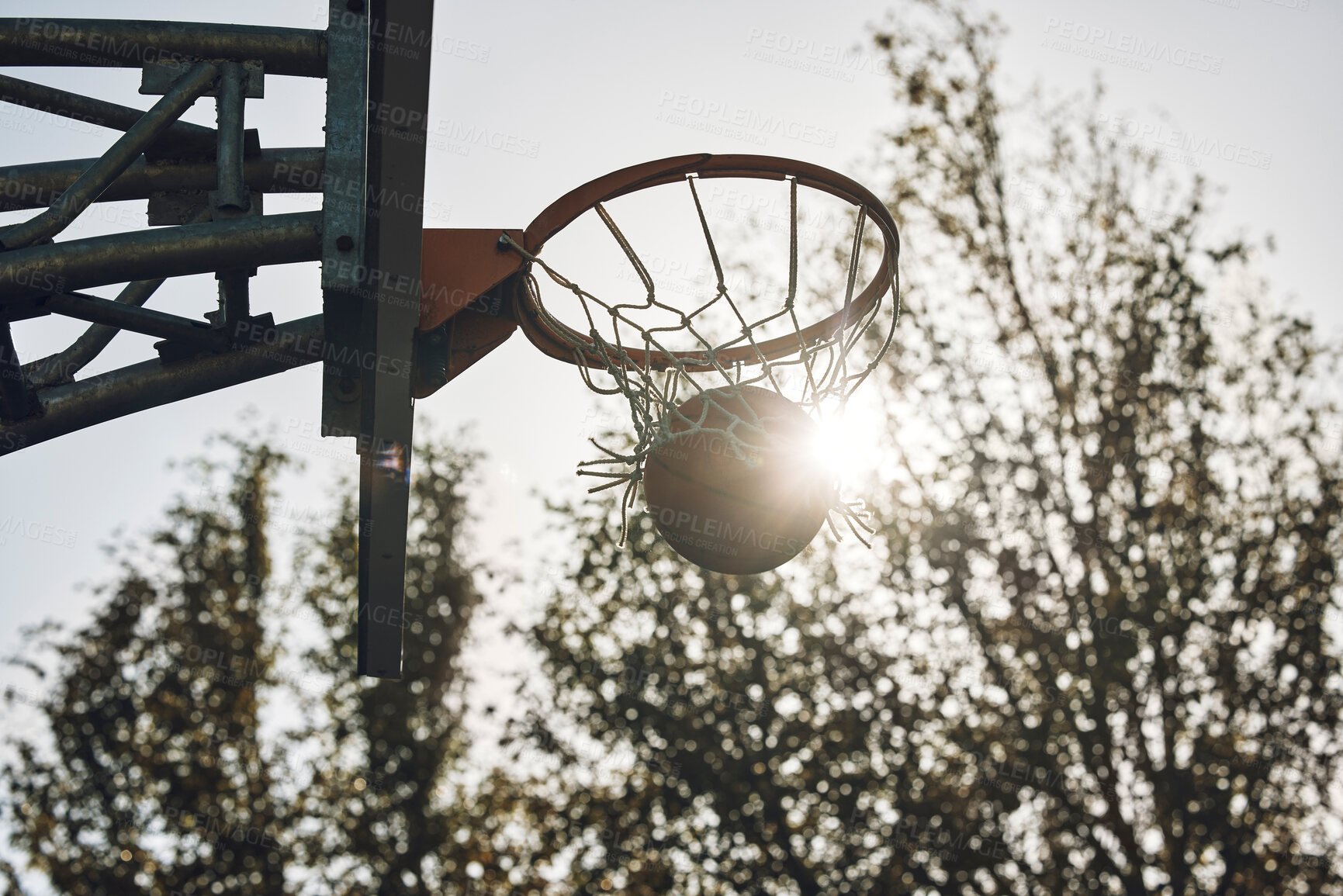 Buy stock photo Basketball court net, silhouette and sports playing game, competition and action match outdoor. Empty background winning, goal target aim and shooting hoops skills training, hobby and fun performance