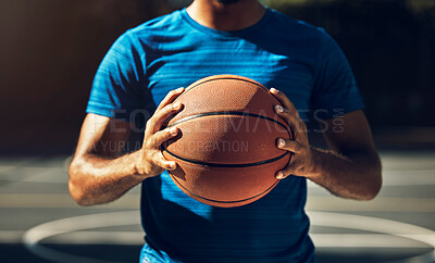 Buy stock photo Basketball player, man hands and ball in basketball court, outdoor training or sports goals competition game, champion workout and fitness. Closeup basket ball athlete coach in community playground