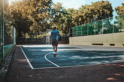 Buy stock photo Man, basketball court or athlete in fitness, workout or training for Colombian game, match or competition. Basketball player, sports person or student in community, campus or school exercise practice