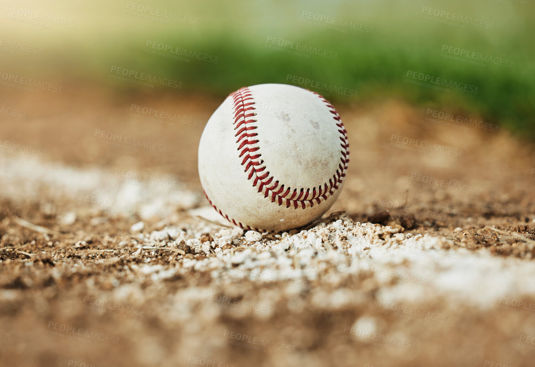 Buy stock photo Baseball, sports and sport field on grass in nature on a outdoor training court. White ball on the ground for exercise, cardio training and fitness workout of player and athlete team game on a field