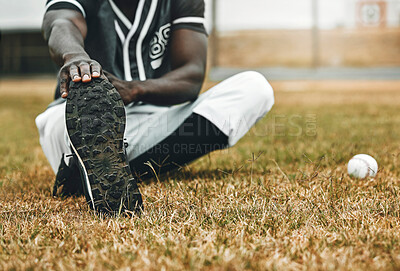 Buy stock photo Baseball player, stretching legs and athlete black man on sports field doing warm up exercise, workout and practice for match. Fitness male touch feet for health, wellness and energy on outdoor pitch