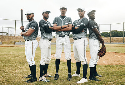 Buy stock photo Baseball, team and sports with a man athlete group standing together on a field or grass pitch together. Teamwork, uniform and sport with a male player and friends ready for a game or match outdoor