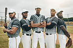 Baseball, team and sports men portrait on a baseball field for training practice, workout or fitness exercise outdoors. Group of athlete players ready to play a game or match in a Chicago stadium
