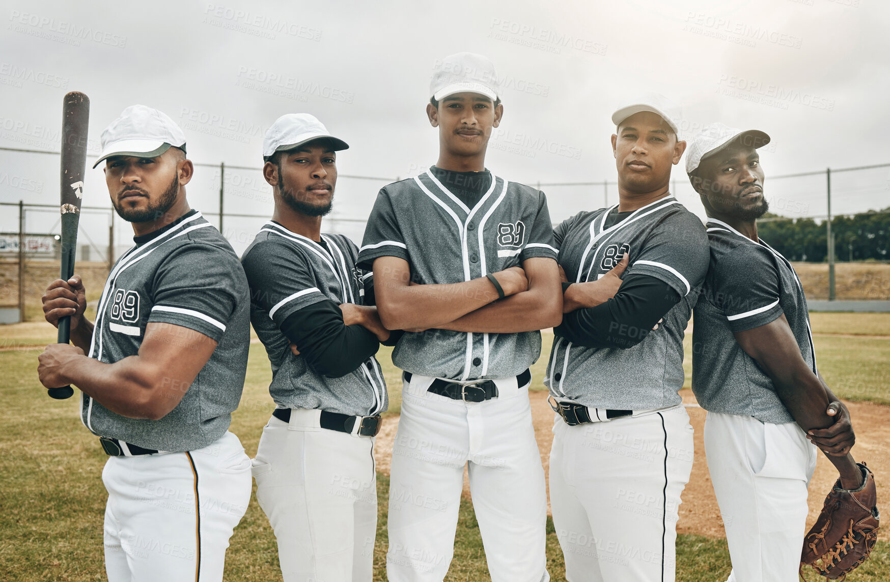 Buy stock photo Baseball, team and sports men portrait on a baseball field for training practice, workout or fitness exercise outdoors. Group of athlete players ready to play a game or match in a Chicago stadium