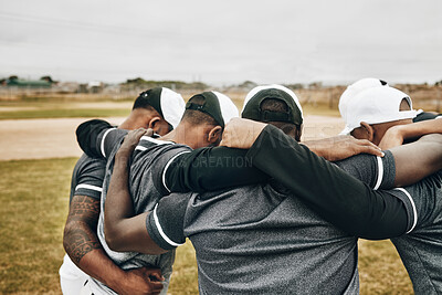 Buy stock photo Baseball people and sport team strategy in huddle at game on field for motivational support. Professional men athlete softball group prepare to play outdoor tournament in teamwork collaboration talk