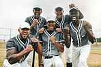 Baseball, motivation and winner with a team in celebration of success or victory on an outdoor grass pitch or field. Exercise, training and health with a baseball player group celebrating together