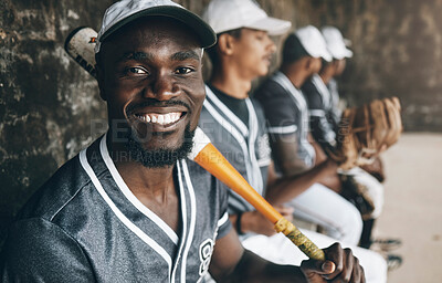 Buy stock photo Baseball, sports and face with a man athlete holding a bat in a dugout with his teammates during a game or match. Portrait, happy and fitness with a baseball player sitting ready to play on the bench