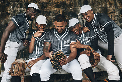 Buy stock photo Baseball, sport and phone with a team of men on a bench after training, practice or a game. Teamwork, smartphone and social media exercise with group of players outdoor smile and laugh at funny meme
