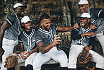 Smile, happy or laughing baseball player team on fitness break, exercise workout or training in match game or competition. Men, friends or softball player sports people bonding in comic wellness rest