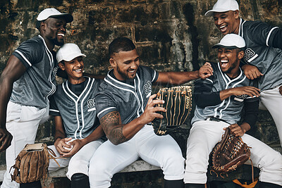 Buy stock photo Smile, happy or laughing baseball player team on fitness break, exercise workout or training in match game or competition. Men, friends or softball player sports people bonding in comic wellness rest