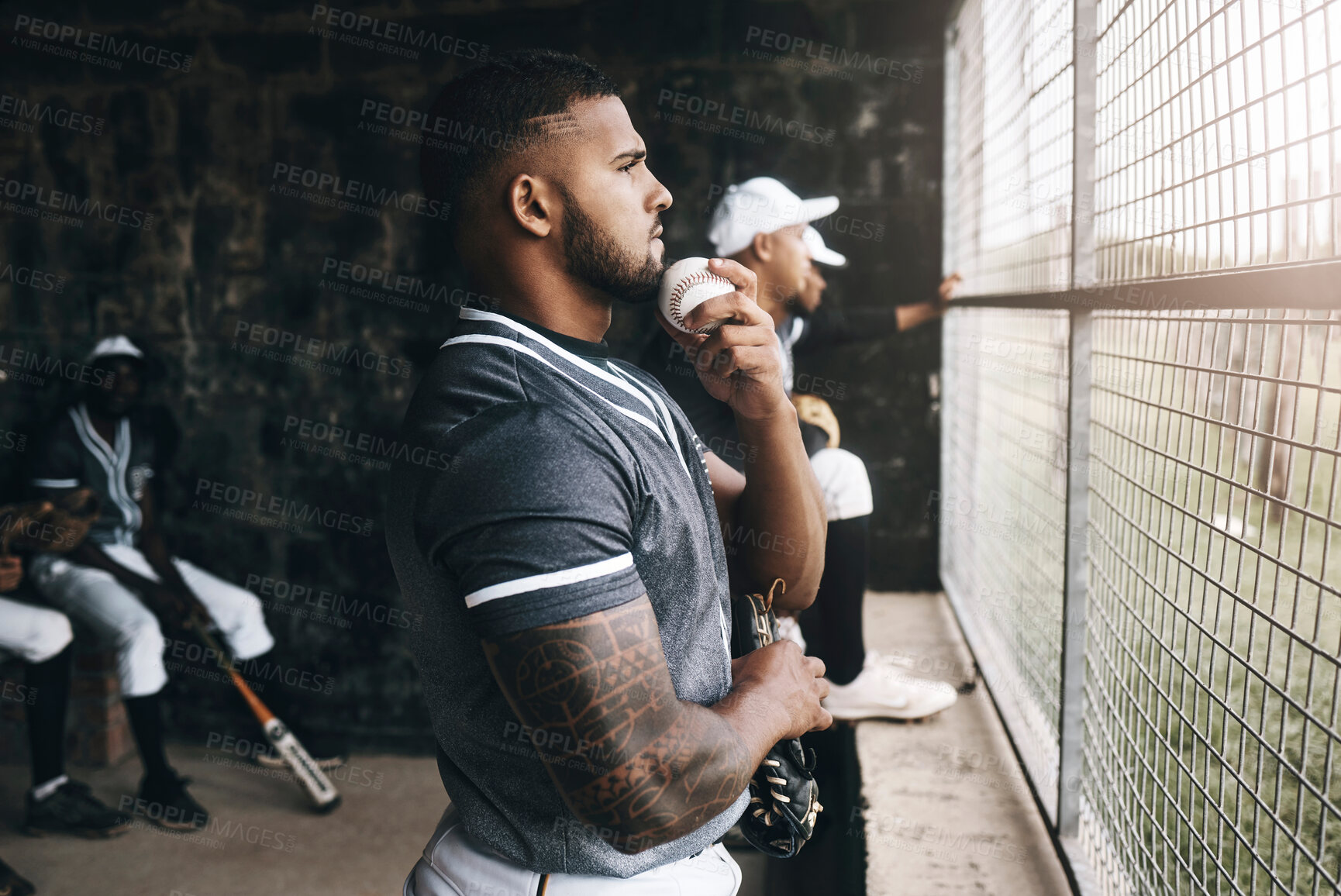 Buy stock photo Baseball, man and watching game with a ball in a sports dugout with his team in club uniform. Latino men watch baseball game on the bench together or waiting to start training, workout or practice   