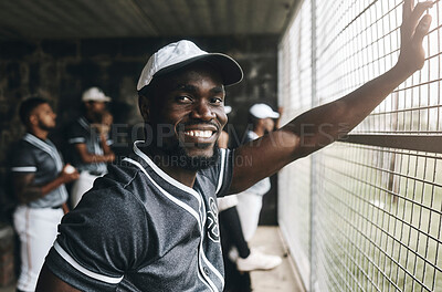 Buy stock photo Baseball, training and portrait of coach in dugout, smile, relax and happy about sports vision, goal and mission. Sport, stadium and cheerful team trainer watching game with baseball player group