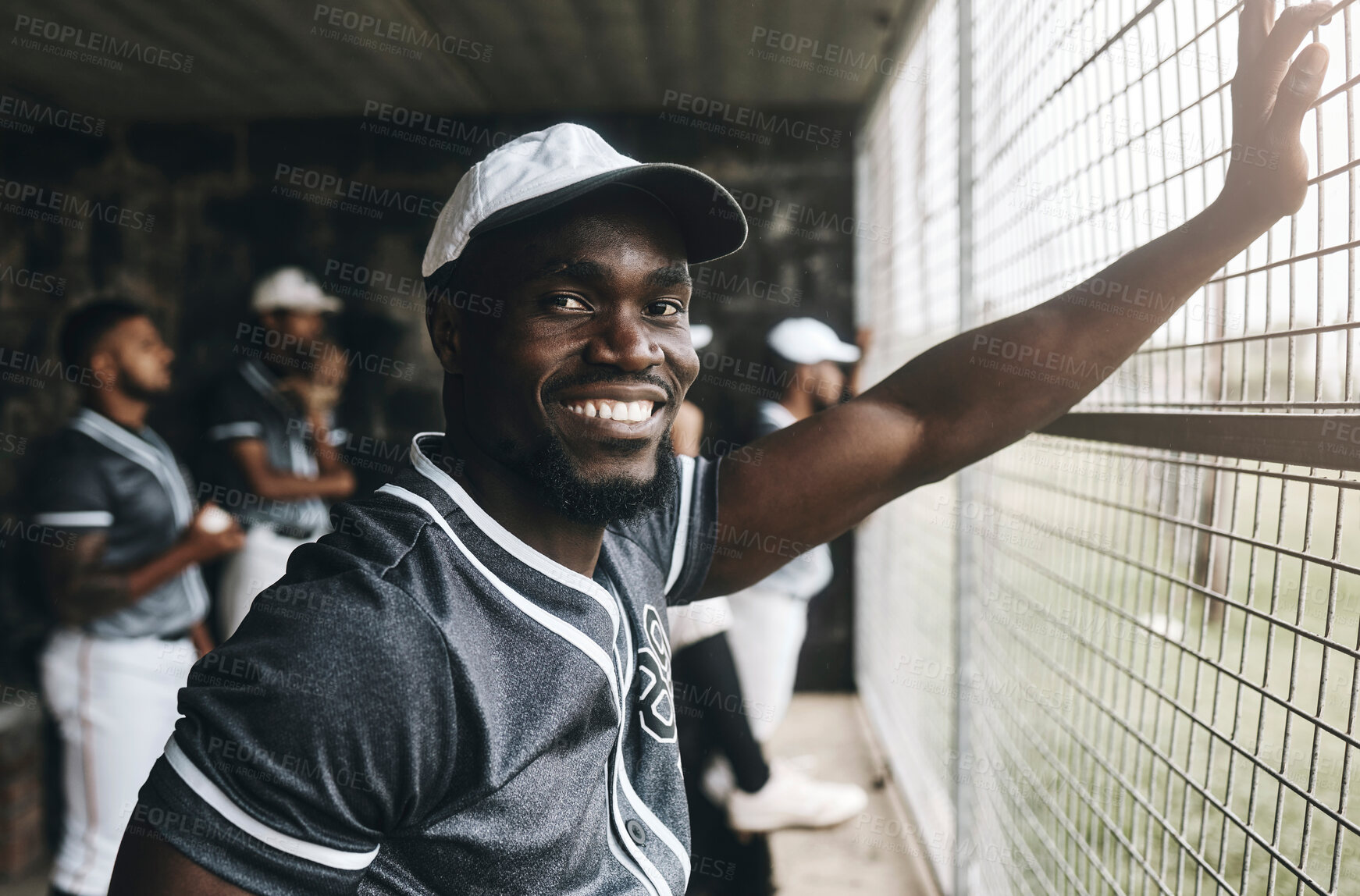 Buy stock photo Baseball, training and portrait of coach in dugout, smile, relax and happy about sports vision, goal and mission. Sport, stadium and cheerful team trainer watching game with baseball player group