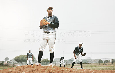 Sports, baseball and team on field training for game, match or competition. Fitness, exercise and male athlete group, workout or exercise on grass pitch outdoors with pitcher ready to throw ball.