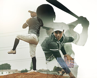 Buy stock photo Motion, baseball and sports man in action on baseball field with exposure for pitch movement. Motivation, determination and focus for practice, training and softball game on art design for fitness