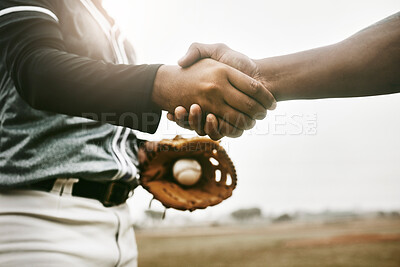Buy stock photo Baseball, fitness or zoom of handshake for training, wellness or team exercise game. Thank you, health or sport success with people for respect shaking hands for sports workout or event on field